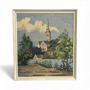 Vintage‎ Handmade Cross-Stitch Framed Church River Scene Religious Cottagecore